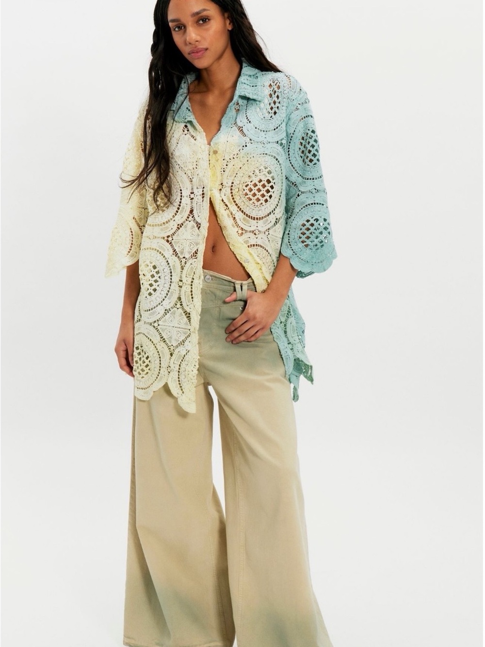 Free People The Farra Ciclo Dyed Shirt in Pale Yellow and Mint NWT $384